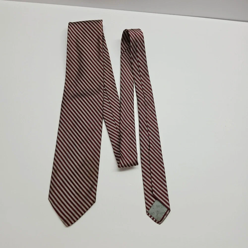 Christian Dior Silk Tie Mens OS Burgundy Silver Vintage Striped Necktie